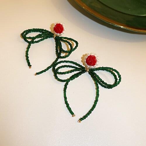 Origin Summer Temperament Beaded Green Crystal Dangle Earring for Women Bowknot Hollow Out Flower Simulation Earring Jewelry