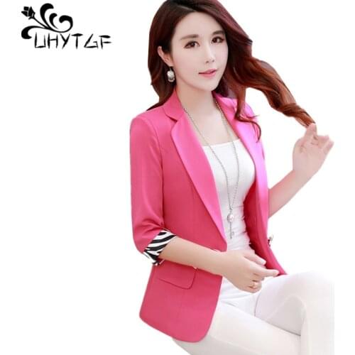 UHYTGF New Womens Summer Blazer Jacket Solid Wild Slim 3XL Plus Size Coat Elegant Female Thin Tops Casual Short Outerwear 1657