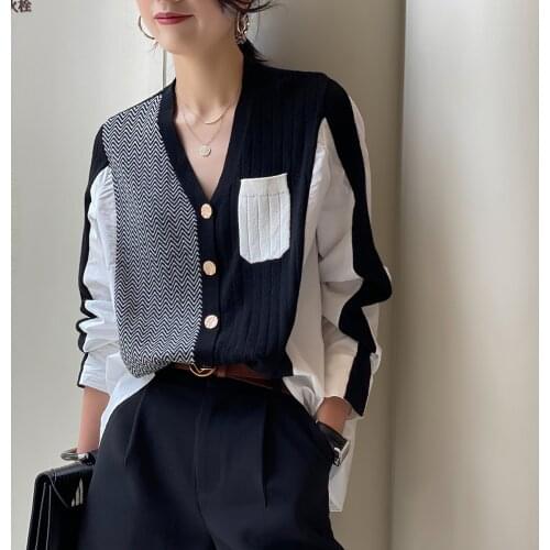 1247 Cardigan For Women Autumn Patchwork Irregular Elegant Design All-Match Sweater Office Fashion V-Neck Female Knit Coat New