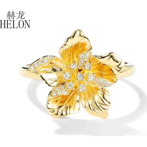 HELON Solid 14k Yellow Gold AU585 SI/H Round 100% Diamond Engagement Ring Women Wedding Elegant Unique Flower Ring Fine Jewelry