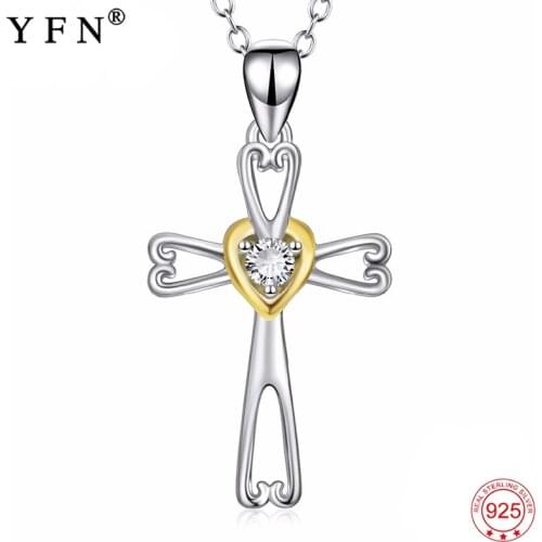 YFN Real 925 Sterling Silver Cross Pendants Necklaces Lucky Knot Love Heart Crystal CZ Collier Creative Jewelry For Women Gifts
