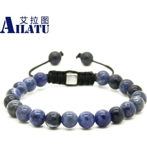 Ailatu Jewelry Wholesale 10pcs/lot New Mens 8mm Natural Blue Veins & Bronzite Stone Beads Macrame Macrame Braided Bracelets