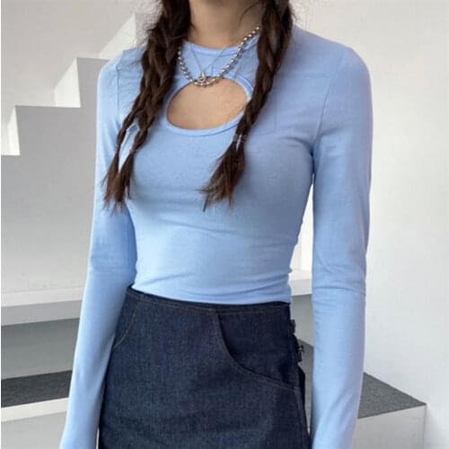 Sexy O Neck Slim Stretch Ribbed Blouse Women Fall Winter Hollow Solid Color Bottoming Tops Shirt Casual Long Sleeve Blouse Top