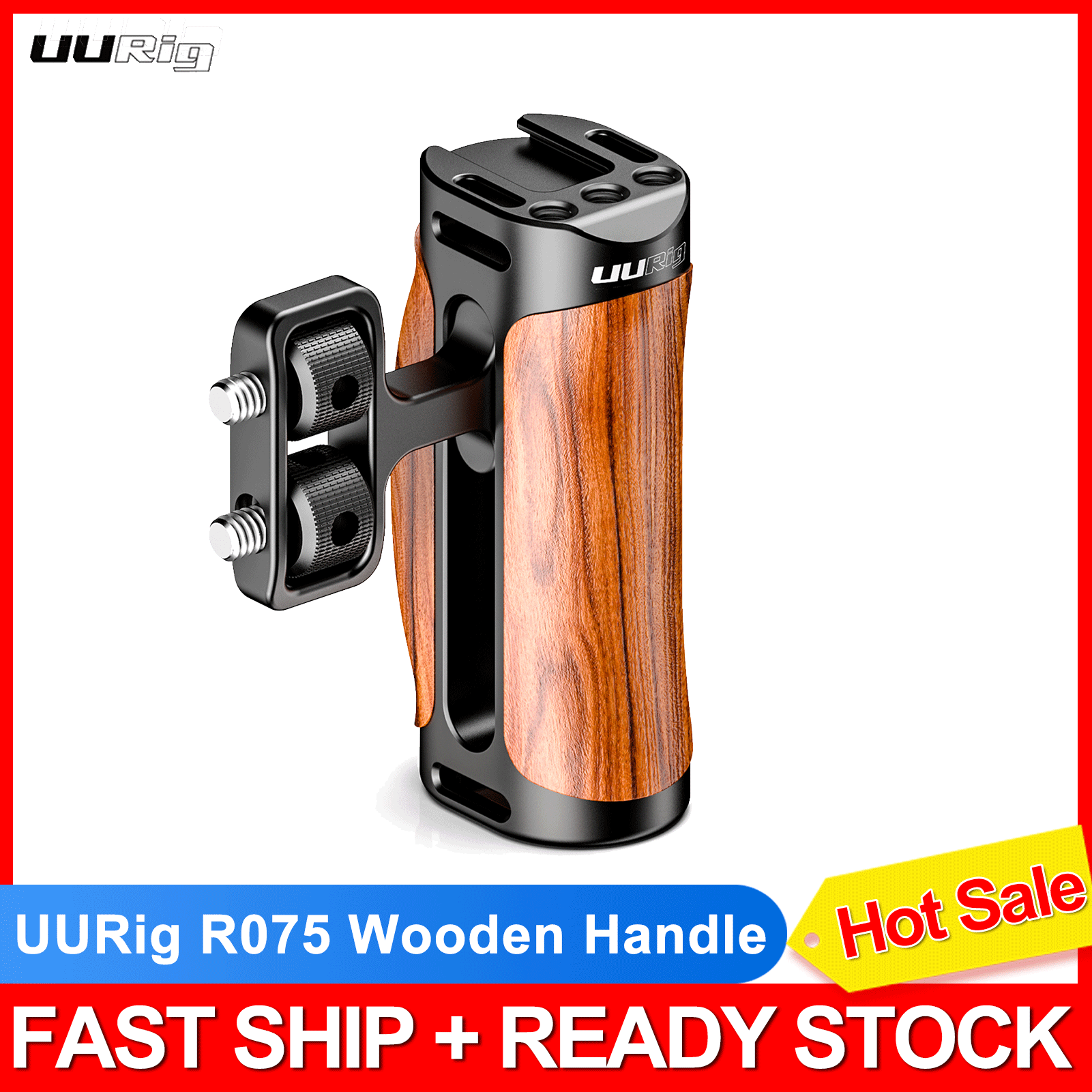 UURig Wooden Camera Cage Grip Handle with Cold Shoe 1/4 Mounting Shoulder Strap Hole for Camera Cage Expansion Accessary