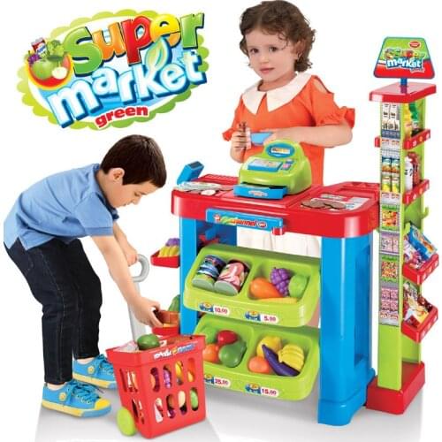 Childrens Pretend Play Toy Market Table Cooking Food Fruit Lighting Sound Effect Gift Shopping Cart Cashier Register Toy
