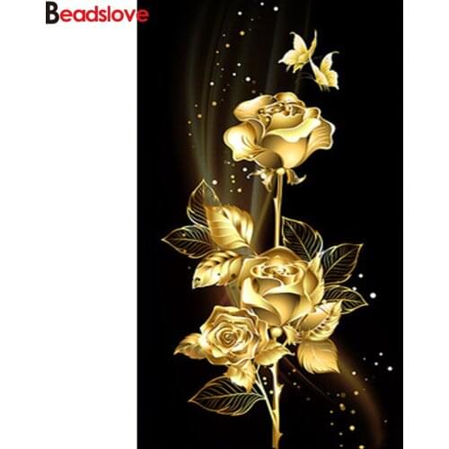 DIY Diamond Embroidery Golden rose flower painting,5D Round Diamond Full rhinestone Diamond drawing cross stitch