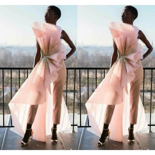 Designer Jumpsuits Strapless Ruffles Satin Tulle Pink Prom Dresses With Detachable Train Evening Patry Gowns Vestido de fiesta