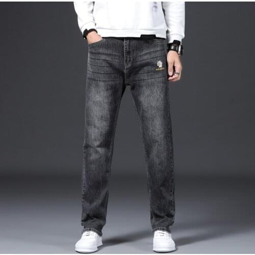 Autumn New Mens Straight Dark Gray Jeans Fashion Smart Casual Embroidery Decoration Elastic Baggy Denim Pants Male Brand