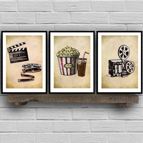 Movie Theater Vintage Art Canvas Painting Wall Picture Popcorn Film Clapper Poster Retro Home Decoration for Cinema Living Room