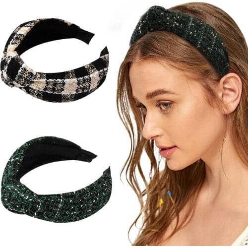 CN European Check Stripe Hair Hoop Knot Cross Headband Top Knot Headband Knotted Bow Wide Headband Hair Band For Women