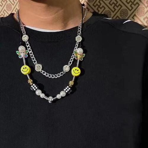 Kpop Fashion Smiley Butterfly Choker Necklace for Men Women Hip Hop Punk Neck Chain Dice Skull Pearl Collar Rope Chain Necklace