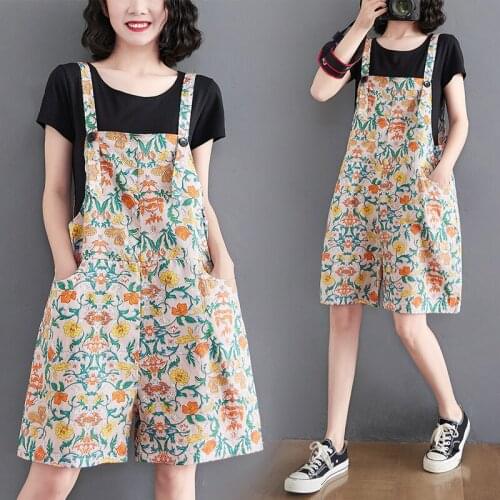 Sweet Casual Printed Retro Floral Playsuits Women Students Girls Fashion Summer Strap Jumpsuits Overalls Cotton Rompers Pocket
