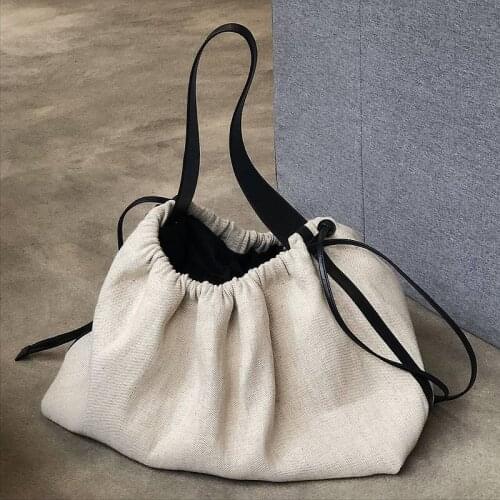 Contrasting color drawstring linen canvas bag handbag shoulder bag large capacity travel bag stitching big bag