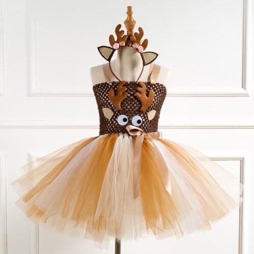 Girls Reindeer Princess Costume for Kids Christmas Halloween Kids Brown Deer Tutu Dresses Knee-length Xmas Childrens Cothes