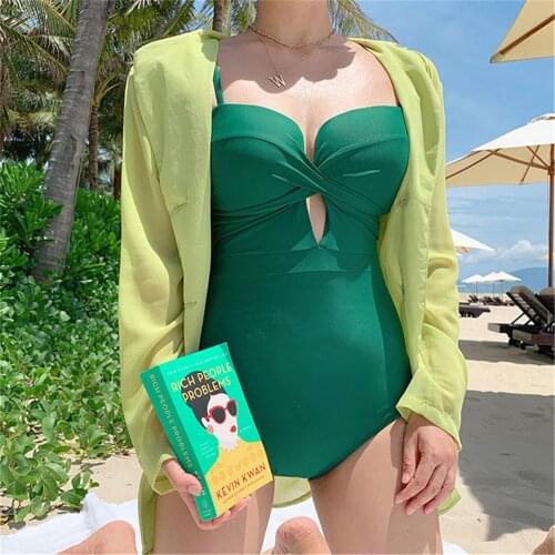 Sexy Bandeau One Piece Swimsuit Women Solid Swimwear Push Up Monokini Pad Swim Suit Wrap Trikini Green Bathing Suit Cut Out