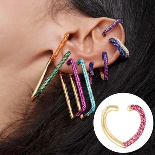 Trendy Rainbow Heart Earcuffs Earring For Women Colorful Multi-Hoop Rhinestone Ear Cuff Romantic Star Rectangle Boho Ear Clips