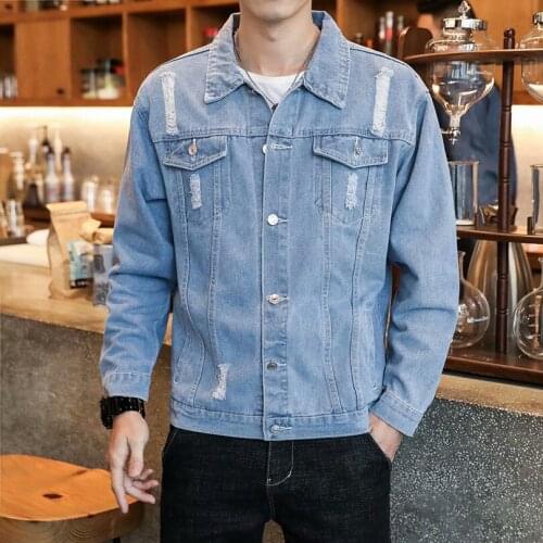 Mens Spring Denim Jacket Solid Cotton Casual Outerwear Hole Long Sleeve Jeans Coat Cotton Streetwear Cowboy 2021 Autumn Frayed
