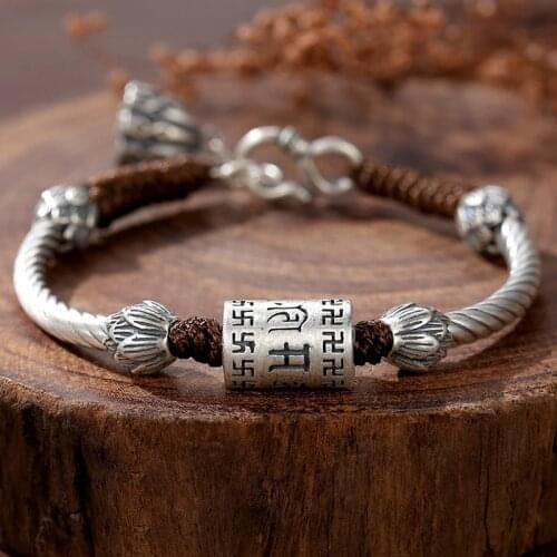New Silver Six-character Mantra Transfer Bead Heart Sutra Mens And Womens Bracelet Hand-woven Retro Wind Hand Rope Gift
