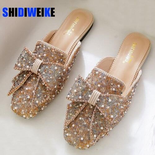 New Crystal Ladies Slippers Mules Slides Slippers Women Shoes Bow Knot Square toe Square Flat Shoes Woman AD248
