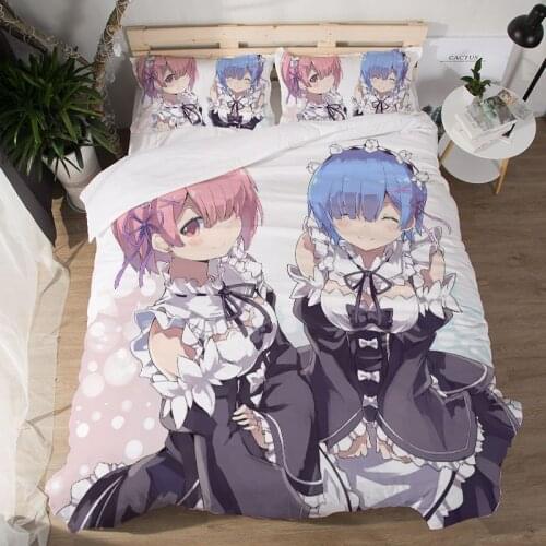 Hot Rem Ram 3D Cartoon Anime Print Bedding Set Duvet Covers Pillowcases NEW Comforter Bedding Sets Bedclothes Bed Linen
