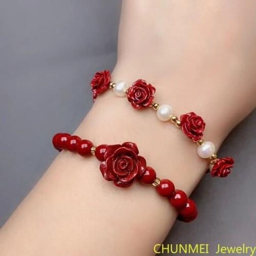 Handmade Carved Rose Real Cinnabar Bracelet Beads Female Beads Buddha Beads Bracelet Natural Cinnabar