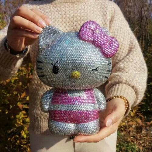 Handmade Rhinestones Kitty Figurine Sparkling Money Saving Box Pink Money Coin Bank Piggy Bank for Kids Decorations for Home