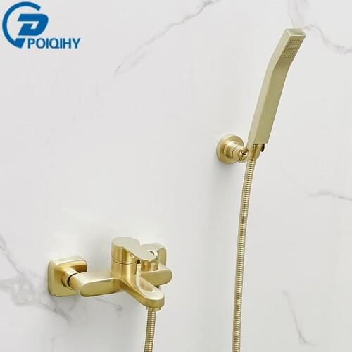 POIQIHY Brushed Gold Shower Faucet Wall Mounted Bathroom Shower Mixer Tap Single Handle Handheld Shower Set