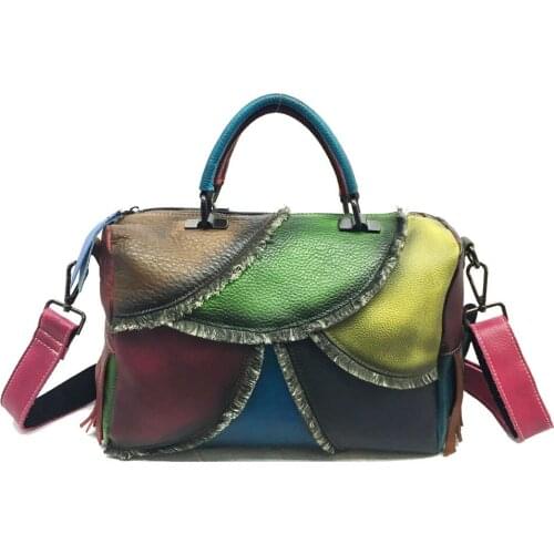 Genuine Leather Patchwork Bag Vintage Tote 100% Real Cowhide Handbag Casual Top Quality Shoulder Bag Large Boston Tote for Women