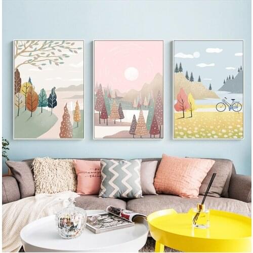 Fresh Illustration Cartoon style adorable landcape modern Nordic decorative Picture Canvas Wall Art Poster for girls room decor