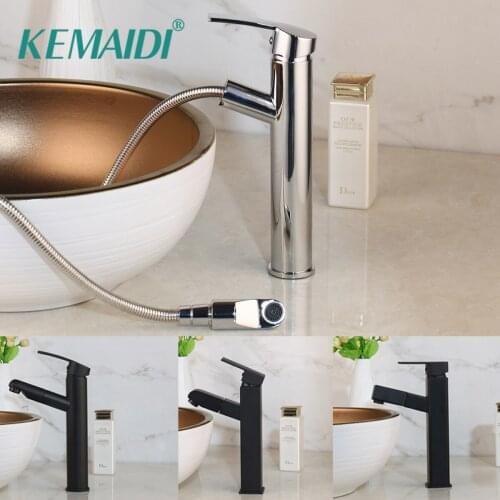 KEMAIDI Pull Out Bathroom Sink Faucet Hot and Cold Water Mixer Black Crane Square Basin Sink Tap Chrome Finished Faucets