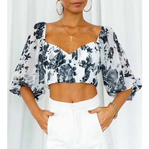 Women Floral Printing Shirt Blouse Half Sleeve Lowcut Collar Slim Crop Tops Ladies Backless Lace-up Casual Beach Blusas Summer