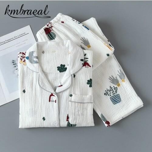 Womens Pajamas 100% Cotton Crepe Two-piece Long Sleeve Trousers Cactus Sleepwear Simple and Comfortable Homewear Loungewear New