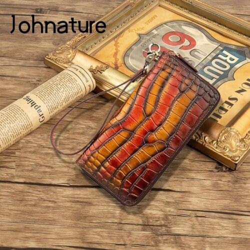 Johnature Genuine Leather Retro Women Wallets 2021 New Crocodile Pattern Long Zipper Cowhdie Phone Purse Large Clutch Wallet