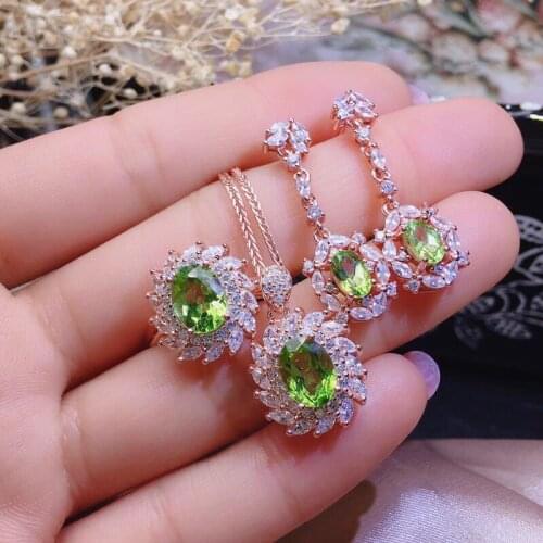 925 Silver Exquisite Peridot Jewelry Set Color Treasure Pendant Full Diamond Greenstone Stud Earrings Adjustable Ring For Women