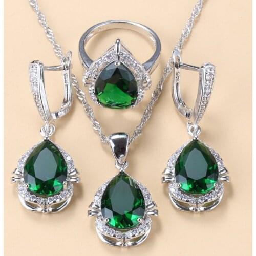 925 Silver New Trendy Jewelry Sets With Natural CZ Green Water Drop Earrings Necklace And Pendant Ring 3-Piece Sets For Women