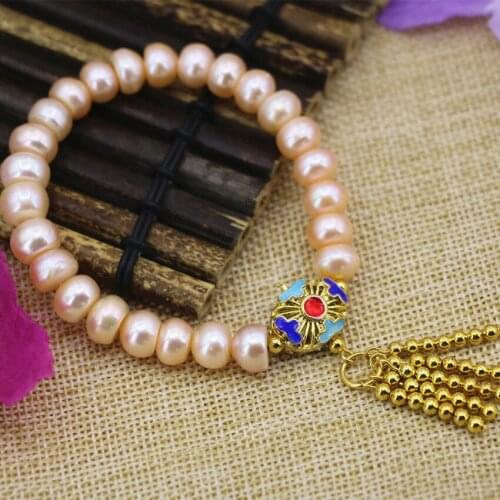 2 style 9-10mm natural orange pearl abacus beads bracelet bangle for women tassels gold-color cloisonne jewelry 7.5inch B3098