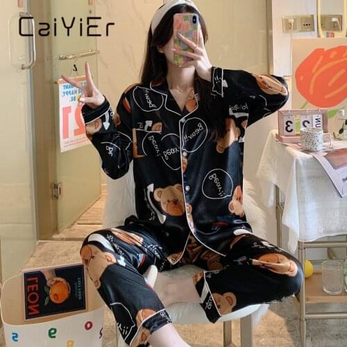 CAIYIER Women Pajamas Set Autumn Long-sleeved Pants Cute Turn-down Collar Nightwear Sexy Silk Cartoon Cartoon Home Clothing 2XL