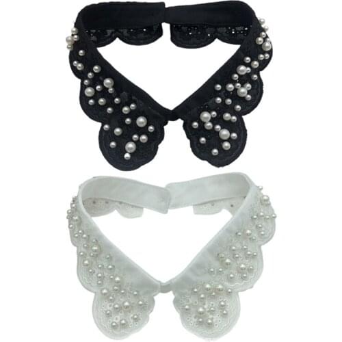 Women Elegant Scalloped Butterfly Lace False Fake Collar Handmade Imitation Pearl Beading Detachable Choker Necklace