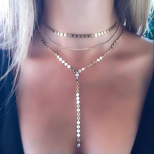 New Trendy Necklace For Women Gold Color Multiple Layers Sheet Chain Crystal Necklaces For Ladies Jewelry Accessories Gift 2021