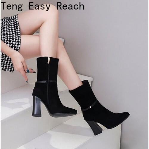 2022 Hot Sale Women Ankle Boots Fashion Square Heel Zipper Boots Autumn Winter Woman Shoes 10cm Super High Heel Black Size 34-46