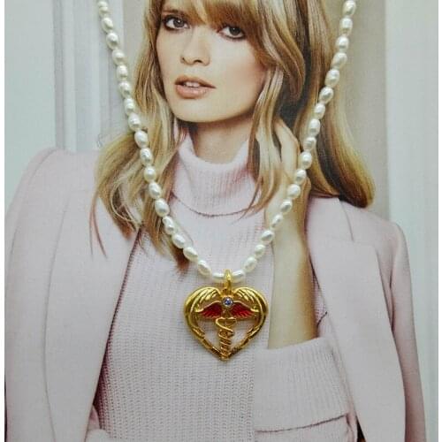 Simple retro jewelry geometric hollow freshwater pearl love clavicle chain enamel Angel oil dripping Necklace