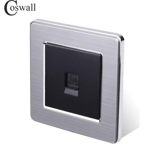 COSWALL 1 Gang RJ45 Internet Jack CAT5E Connector Stainless Steel Brushed Panel Computer Outlet Wall Data Socket