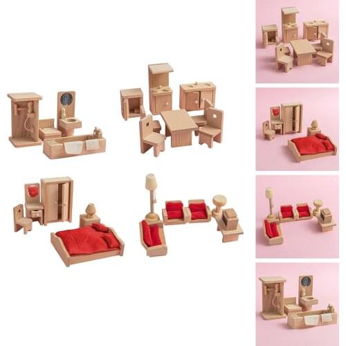 Wood Doll House Miniature Living Room Bathroom Dining Room Bedroom Building House Furniture Dollhouse Accessory Decor Kids Toy
