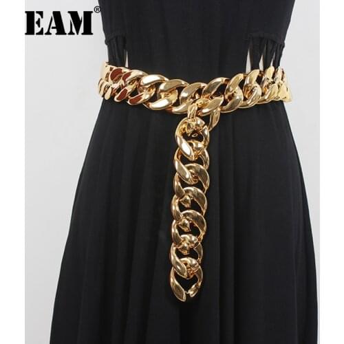 [EAM] Gold Color Metal Chain Long Wide Cool Belt Personality Women New Fashion Tide All-match Spring Autumn 2021 1DD6587