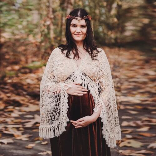 Boho Hand Crochet Cotton Long Bell Sleeves Maternity Dress Pregnant Velvet Gown for Woman Photography Prop Baby Shower Gift