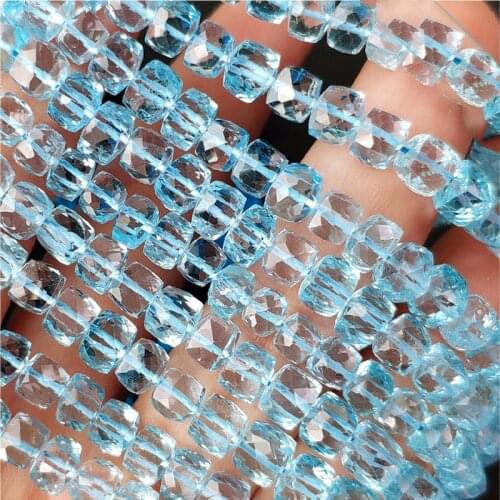 ICNWAY 25cm Blue Topaz Natural Gemstone 5.5-7.5mm Beads Facted Square for Silver 925 Jewelry Making Necklace Earring Bracelet