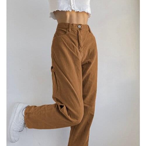 Brown Corduroy High Waist Straight Pants E-Girl Striped Women Skinny Fashion Y2K Streetwear Elegant Spring Autumn Long Trousers