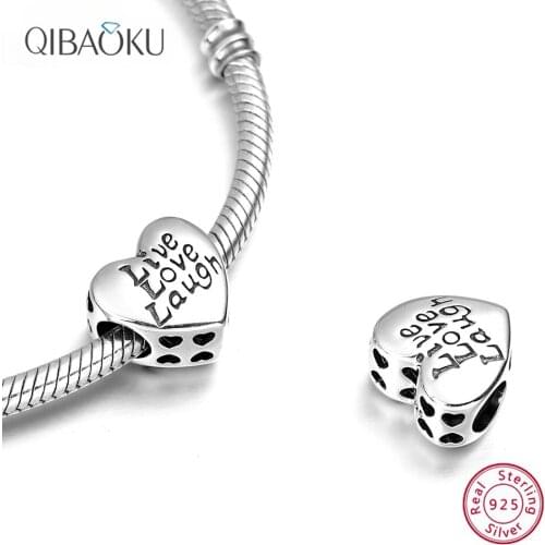Sterling Silver 925 Heart Shaped Bead Pendant Words Live Love Laugh Charm Jewelry Accessories Bracelet DIY