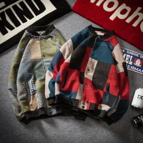 Fashion men Woolen Plaid Bomber Jacket Spring autumn patchwork Casual coat men Hip Hop Streetwear Cardigan Male button outerwear
