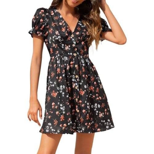 Summer V-neck Female Short Dress Digital Printing Female Bubble Sleeve Dresses